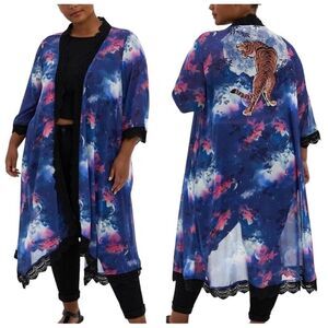 Torrid Tiger Print Crochet Trim Chiffon Kimono Celestial Sky Size 1X
